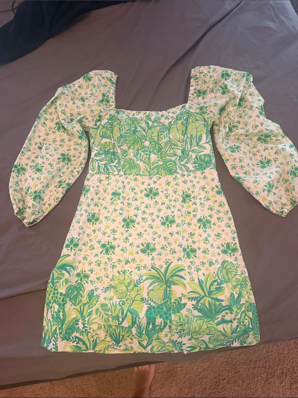 Lilly Pulitzer Green and White Floral Puff-Sleeve Mini Dress